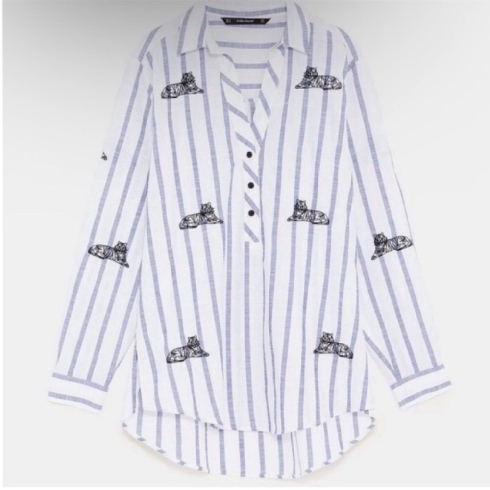 Zara Striped Popover Shirt with Embroidered Tigers